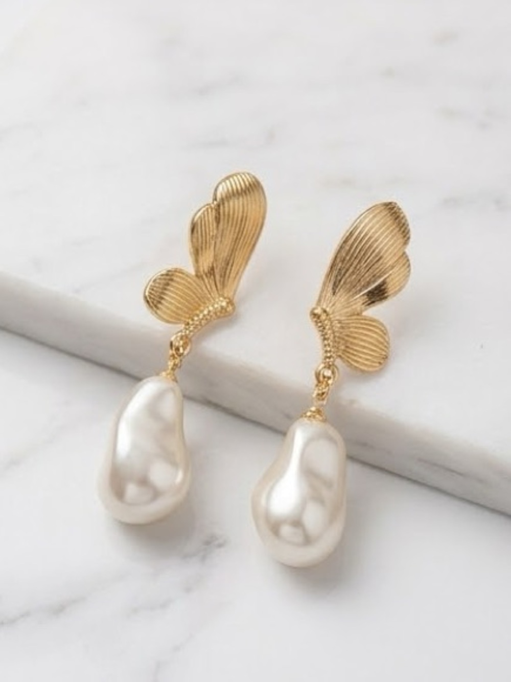 Gold-tone Butterfly Dangle Drop with Pearl Statement Earrings Jewelry